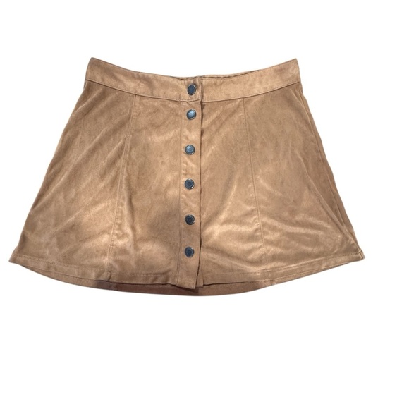 American Eagle Outfitters Brown Camel Faux Suede Snap Front Mini Skirt Size 8 - Picture 1 of 7